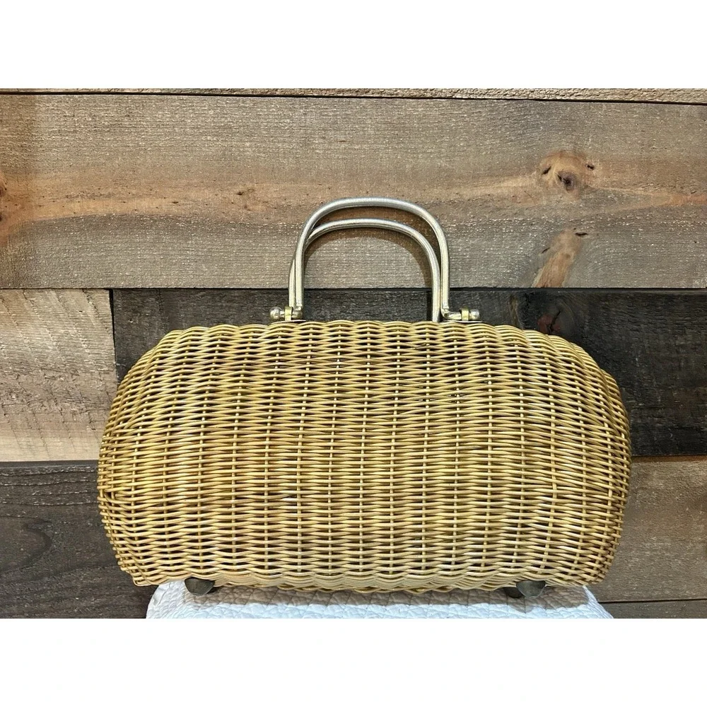 Vintage 50s 60s Coated Wicker Handbag purse Gold‎ Handles